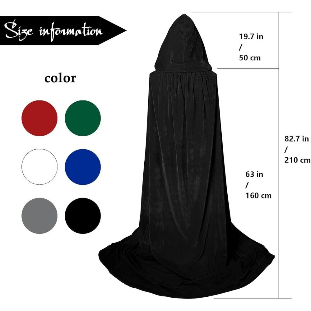 Women's Black Witch Imported Velvet Cloak Halloween Hooded Cape Medieval Costume - Picture 7 of 7